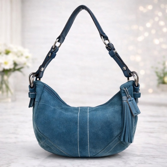 Coach Handbags - Coach SoHo Hobo Shoulder Bag Blue Suede Vintage 2005 w/fringe tassel style #8A14